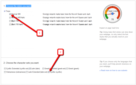 Настройки Google Fonts