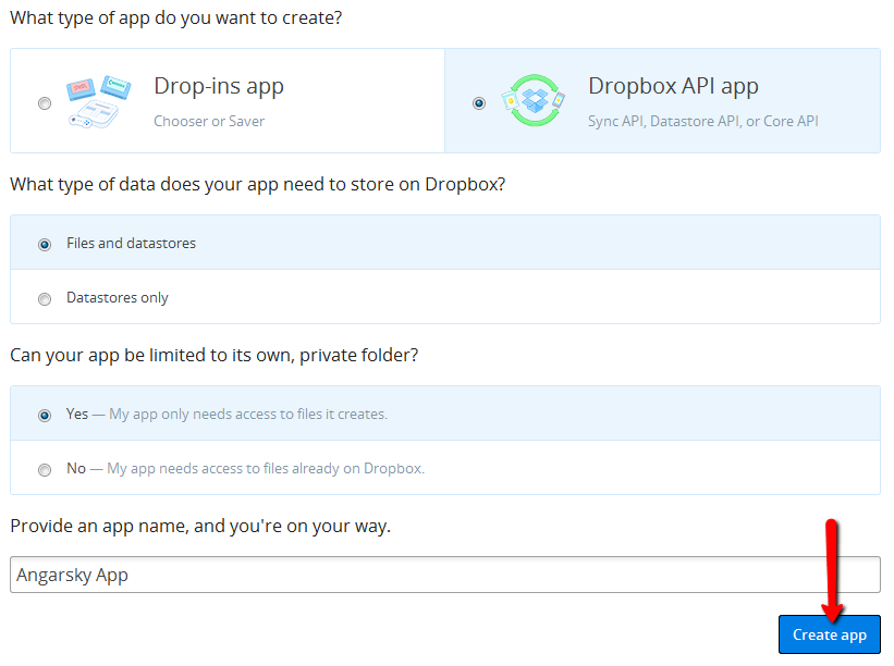 Регистрация приложения в Dropbox
